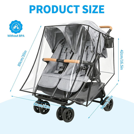 Rain Cover Compatible with Zoe Twin Double Stroller, Double Stroller Rain Cover Side by Side, Waterproof Windproof Shield, Breathable Clear Cover, Foldable Travel Stroller Accessories for Daily Walks