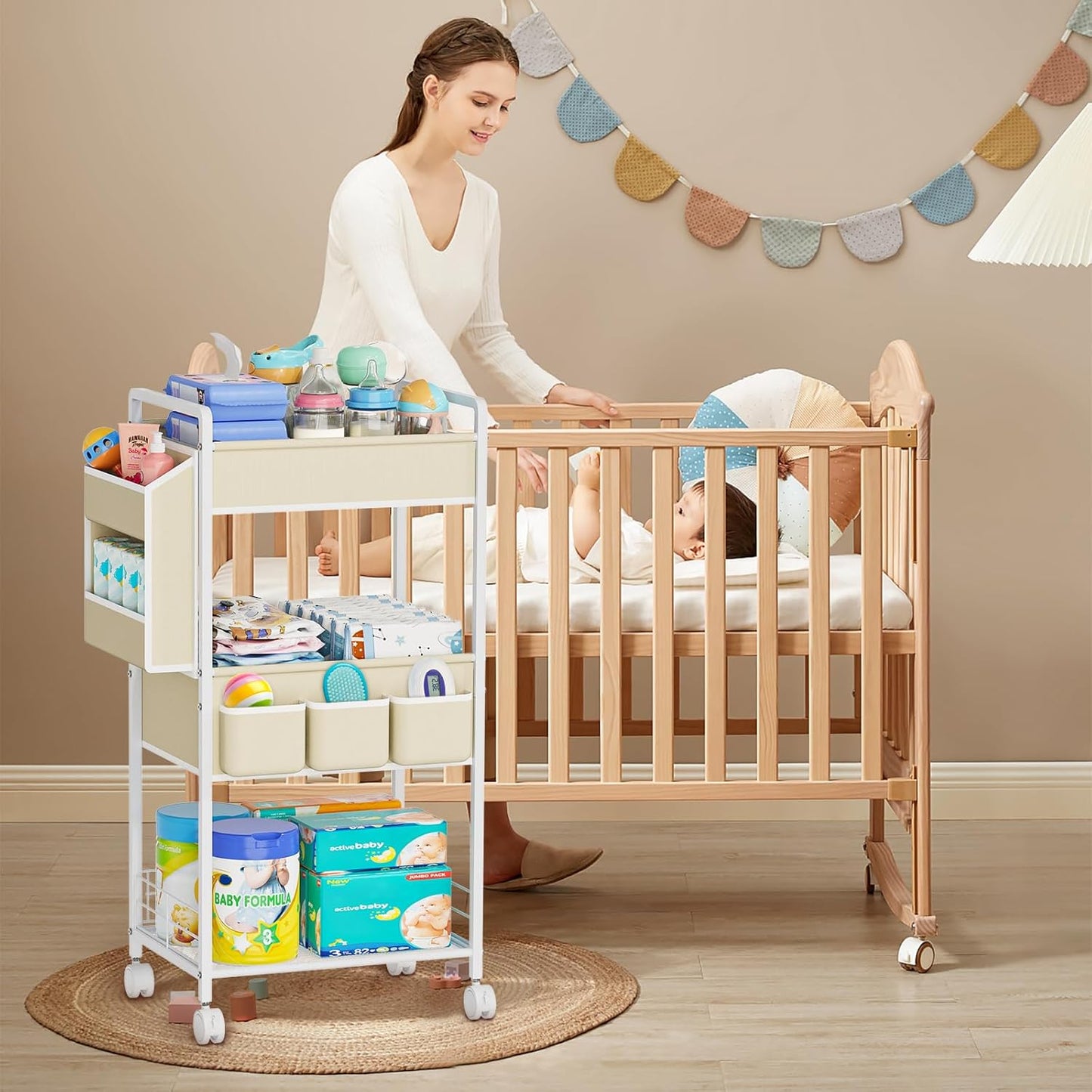 JBBTOOL 3-Tier Baby Diaper Caddy Cart with Wheels, Nursery Storage Organizer with Dividers & Pockets, Mobile Metal Utility Cart for Baby Essentials, Bedroom, Kitchen & Office