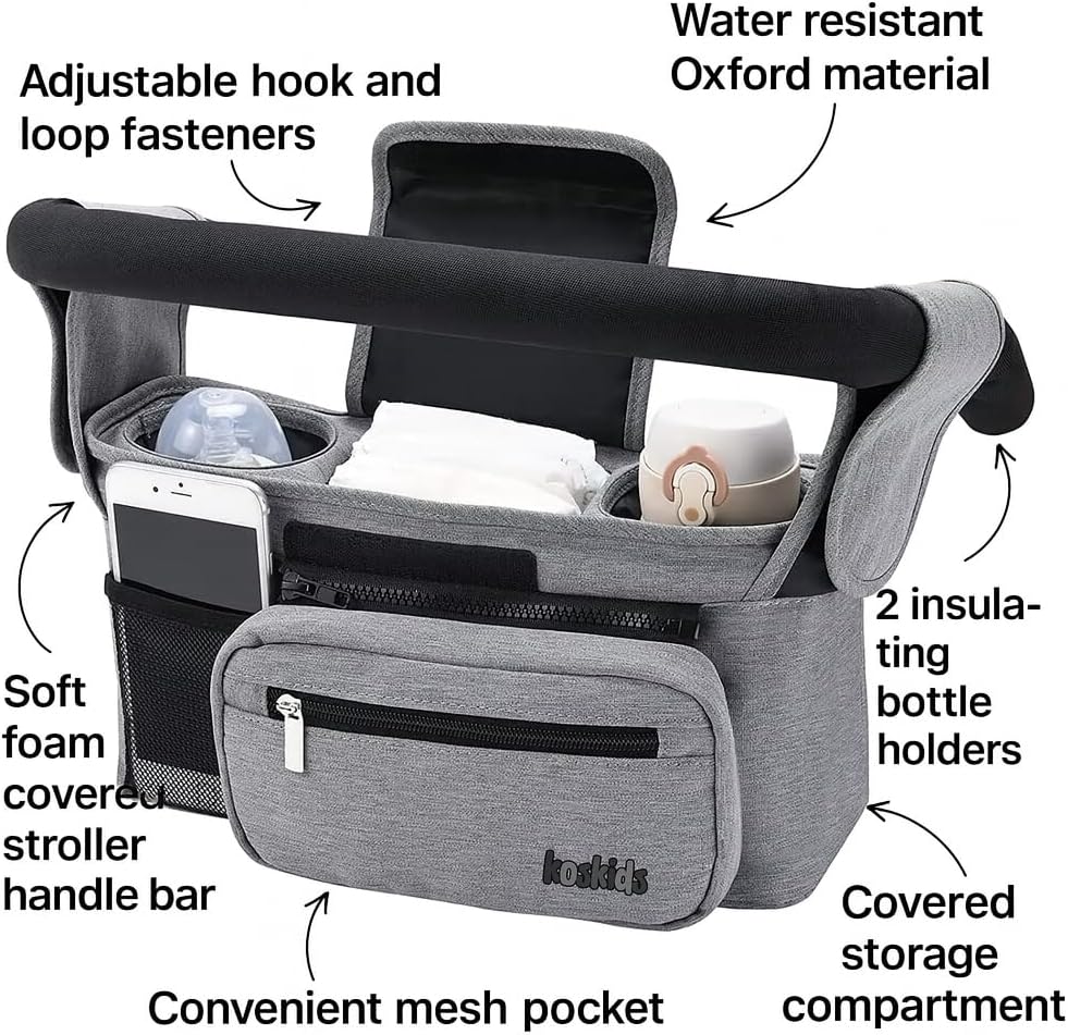 Universal Stroller Organizer with Insulated Cup Holder, Detachable Phone Bag, Shoulder Strap – Fits All Stroller Types, Keeps Drinks Hot/Cold (Pink)