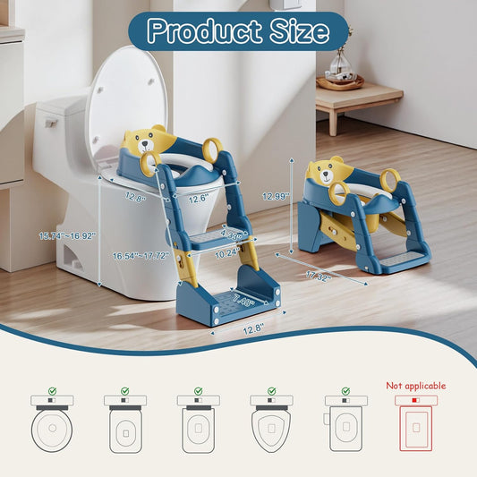 Potty Training Seat,Toddler Toilet Seat for Boys Girls,3-in-1 Potty Training Toilet and Chair with Step Stool Ladder,Anti-Slip Height Adjustable Foldable Splash Guard for Kids (Grey)