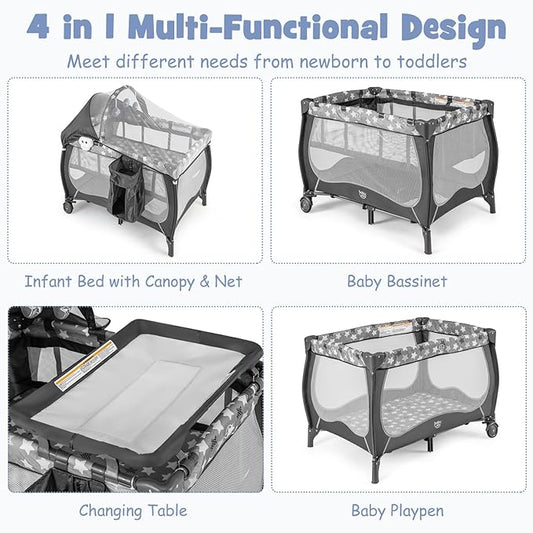 BABY JOY 4 in 1 Pack and Play, Portable Baby Playard with Bassinet, Adjustable Canopy, Changing Table, Lockable Wheels, Music Box, Travel Baby Crib Bassinet from Newborn to Toddler
