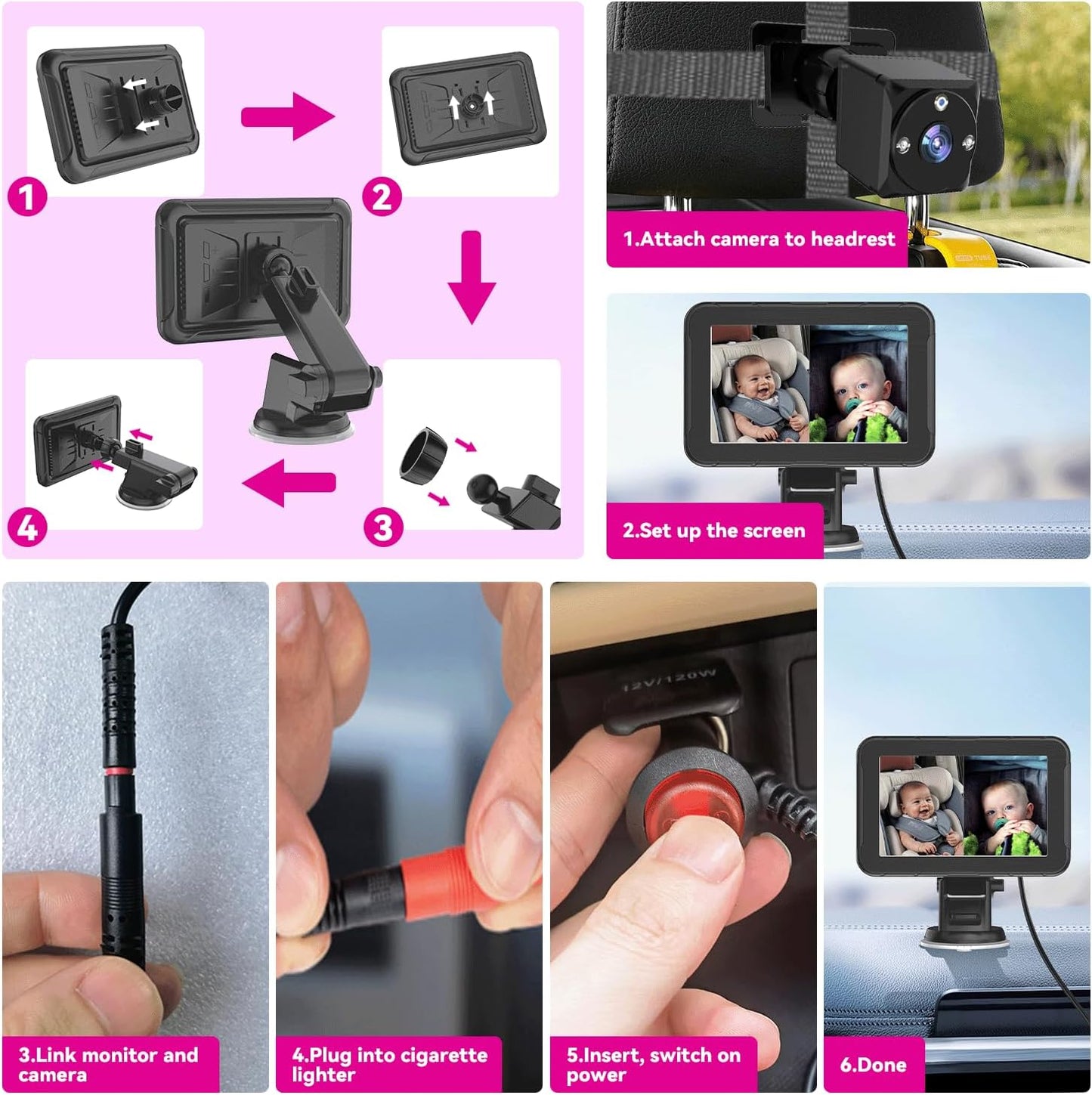 Baby Car Camera for 2 Kids 1080P Split-Screen Monitor Dual Cam Rear-Facing Cameras IR Night Vision 360° Rotatable Backseat Screen, Car Seat Mirror Alternative (2 Cameras with 5'' monirtor)