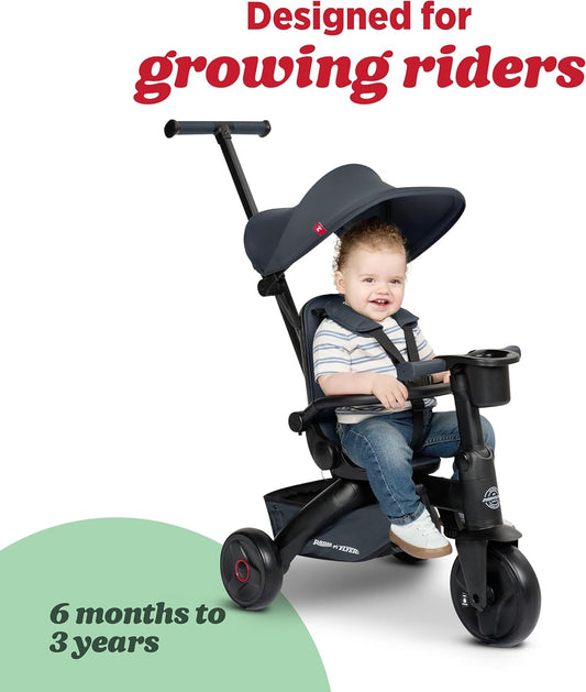 Radio Flyer Coast Folding Stroller Trike, for Kids 6 Months-3 Years, Lightweight, Compact, 4 Riding Modes, UV Canopy, 5Point Harness, Safety Bar, Cup Holder, Storage, Stroller Tricycle for Toddlers