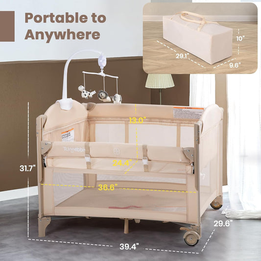 Rinnebbit Baby Bassinets Bedside Sleeper, 4 in 1 Portable Bedside Crib w/Mattress, Diaper Changer, Storage Basket, Music Box, Carry Bag, Foldable Playard Sleeper for Newborn (Light Gray)