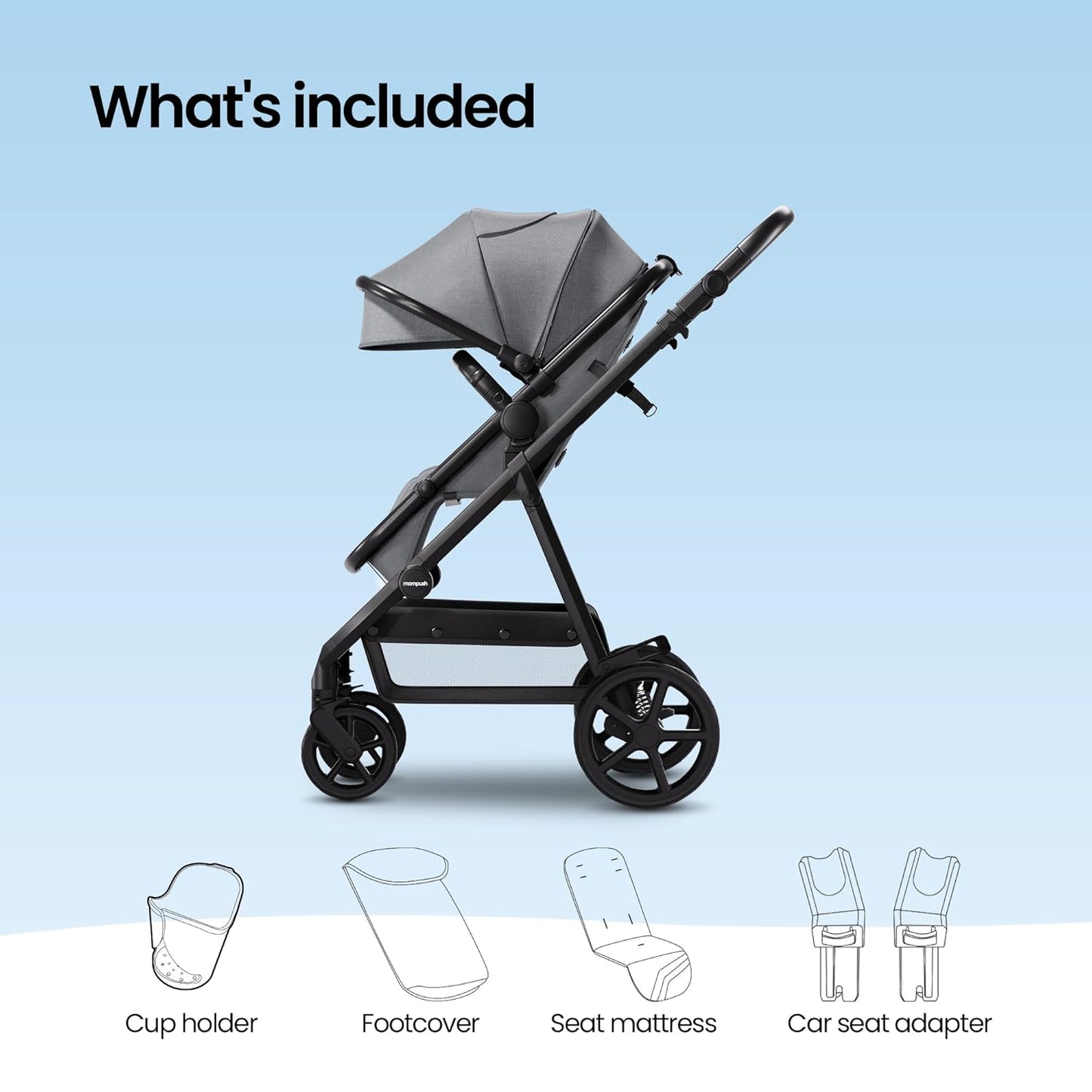 Mompush Meteor2 Baby Stroller 2-in-1 with Newborn Mode, Compatible with Infant Car Seat Adapter Included, Full-Size Bassinet Strollers for Family Outings