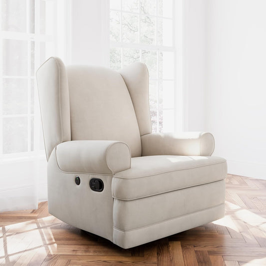 Storkcraft Serenity Glider Recliner Nursery Rocking Chair with USB Charging Port (Ivory) – Premium Upholstered Nursery Glider Recliner with Manual Recline Function, Dual USB Charging