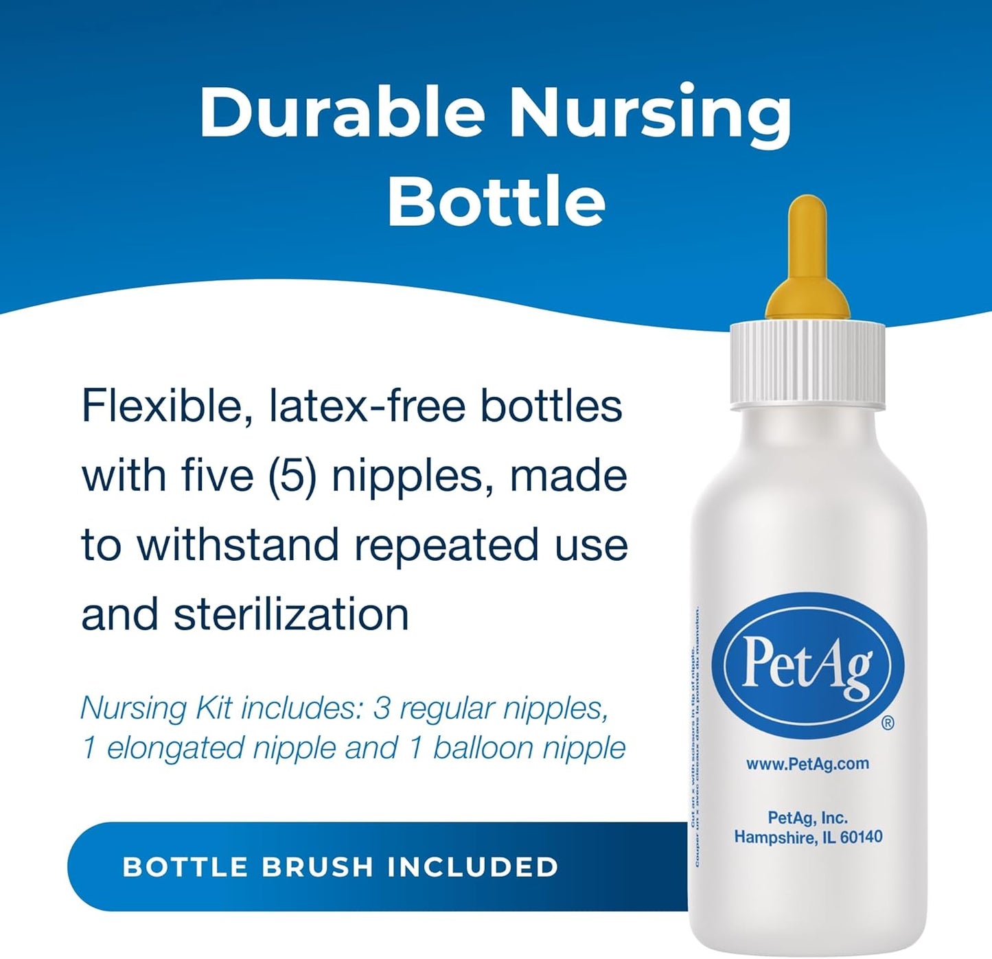 Pet-Ag Nursing Kit - 4 oz - Promotes The Natural Feeding of Liquids to Baby Animals - Each Kit Includes 4 oz. Bottle with Cap, 3 Nipples & Cleaning Brush