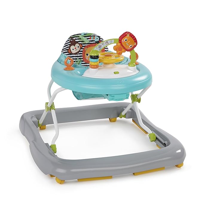 Bright Starts Zig Zag Zebra Baby Walker with Steering Wheel, Lights & Songs, Easy Fold Frame for Storage, Height Adjustable, Ages 6 Months +