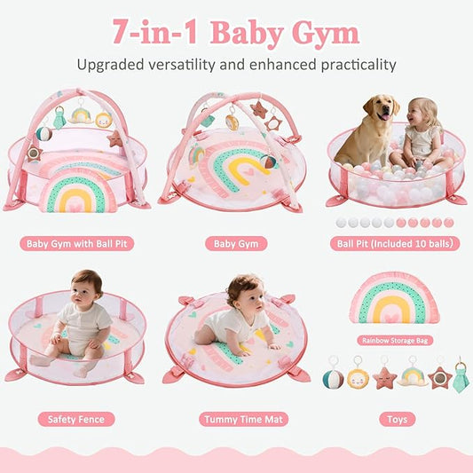 7-in-1 XL Large Baby Play Gym Mat, Tummy Time Mat, Baby Gym & Ball Pit, Baby Activity Mat with Milestone Cards & 6 Detachable Toys for Sensory Motor Skill, Rainbow