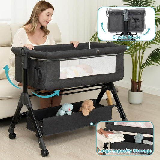 BCOL 3 in 1 Baby Bassinet Bedside Sleeper, Bedside Crib for Baby, Adjustable Baby Bassinet with Wheels, Storage Basket, Mattress, Easy Assemble & Folding Portable Baby Cradle (Grey)