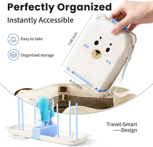 LEQXGO Travel Baby Bottle Cleaner Kit with Storage Case, 7-in-1 Baby Bottle Brush Set with Drying Rack for Breast Pump Parts, Bottle Washing Kit - Baby Travel Essential for Flying & On-the-Go (Blue)