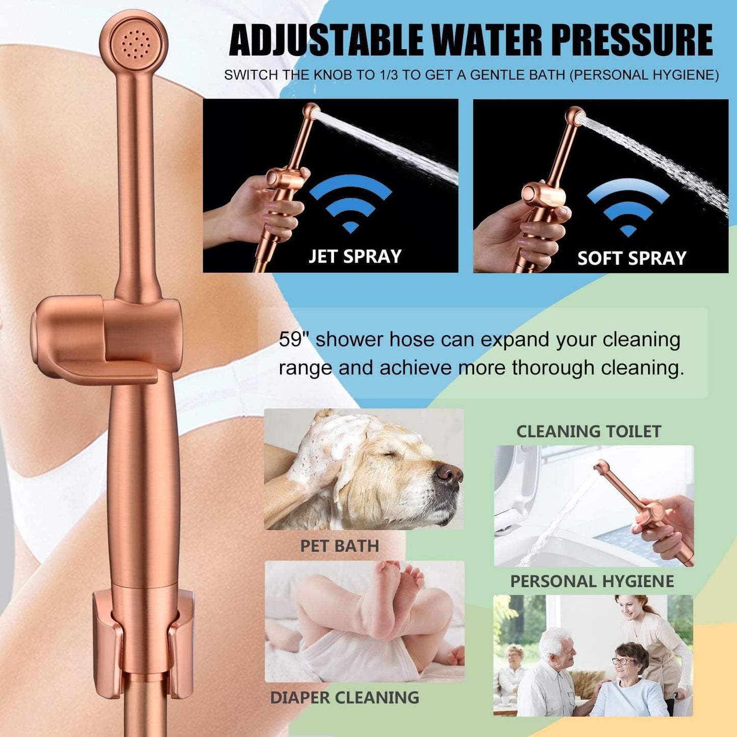 SonTiy Handheld Bidet Toilet Sprayer Kit, Rose Gold Hand Held Bidet Attachment Metal Cloth Diaper Toilet Sprayer with Backflow Preventer, Adjustable Water Jet Spray for Toilet, 7.9" Long Bidet Wand