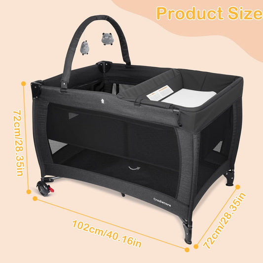 3 in 1 Pack and Play, Baby Bassinet, Changing Tabler - Portable Baby Playpen for Babies and Toddlers, Foldable Playard with Locking Wheels & Storage Diaper Basket(Black)