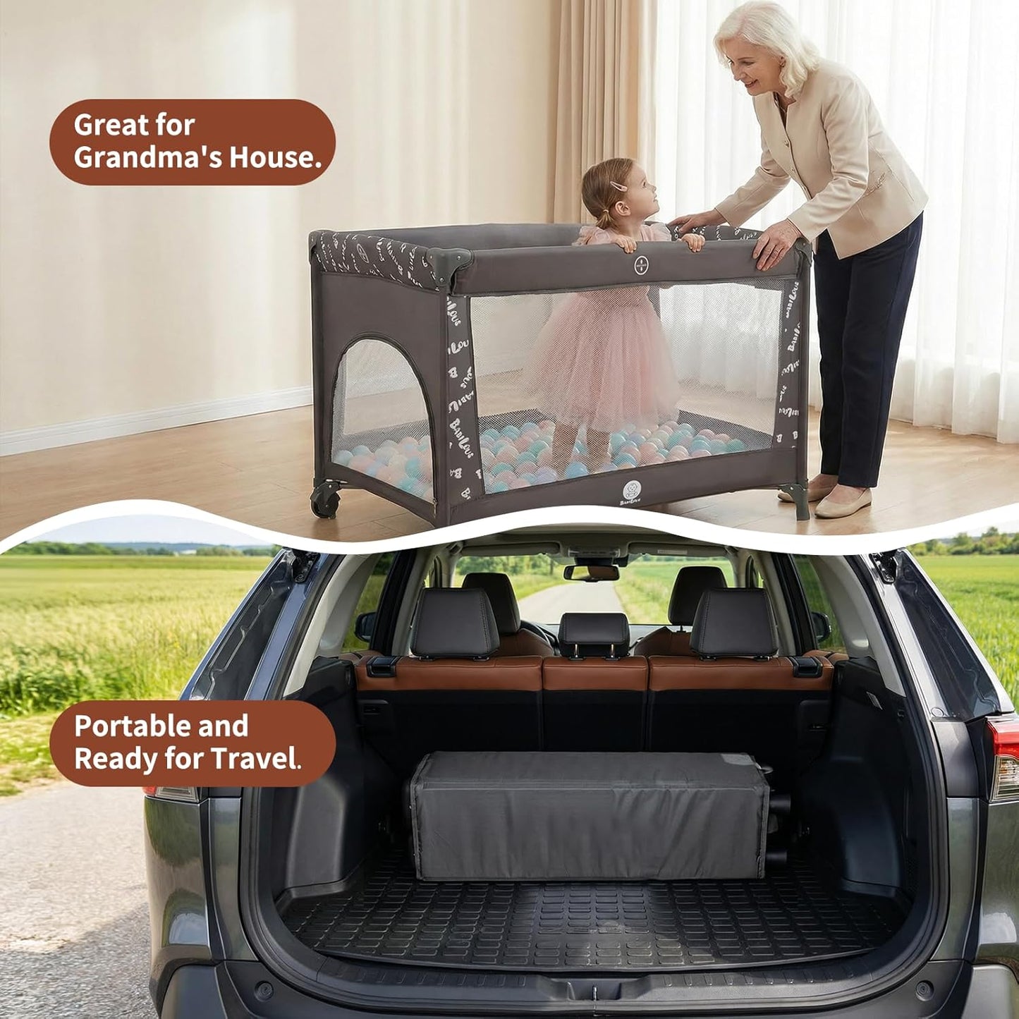 Babilous Pack and Play, Baby Bassinet with Wheels, Foldable Baby Playard for Travel, Easy Carry Bedside Bassinet, Mini Pack n Play with Comfortable Mattress & Compact Space Saving Design, Grey