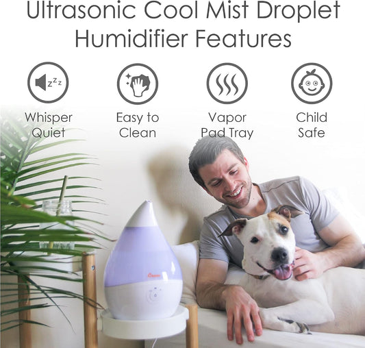 Droplet Ultrasonic Small Air Humidifiers for Bedroom and Office, 0.5 Gallon Cool Mist Humidifier for Plants and Home, Humidifier Filters Optional, White