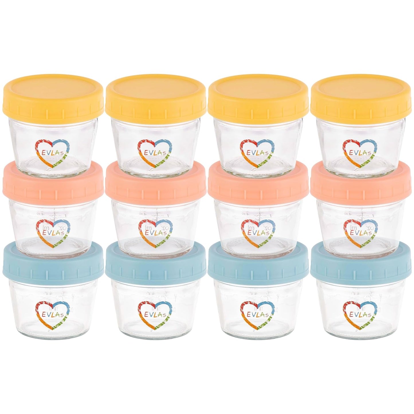 EVLA'S Baby Food Containers 12-Pack - 4 oz Glass Jars with Lids - BPA-Free, Microwave, Freezer, and Dishwasher Safe Glass Baby Food Jars or Toddler Snack Containers for Kids Purees or Breastmilk