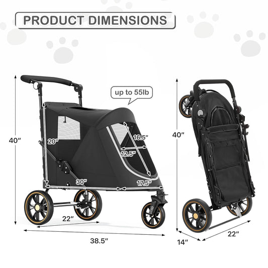 MoNiBloom Large Pet Stroller with Anti-Slip Ramp, Heavy Duty Dog Stroller Up to 99lb, Safe & Gentle Mobility Aid, All-Terrain Wheels, Idea for Injured, Disabled, & Senior Dog