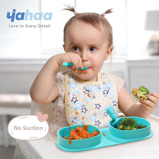 Baby Plates with Suction with Forks and Spoons, Foldable Silicone Toddler Plates, Baby Travel Essential, Microwave & Dishwasher Safe, Purple