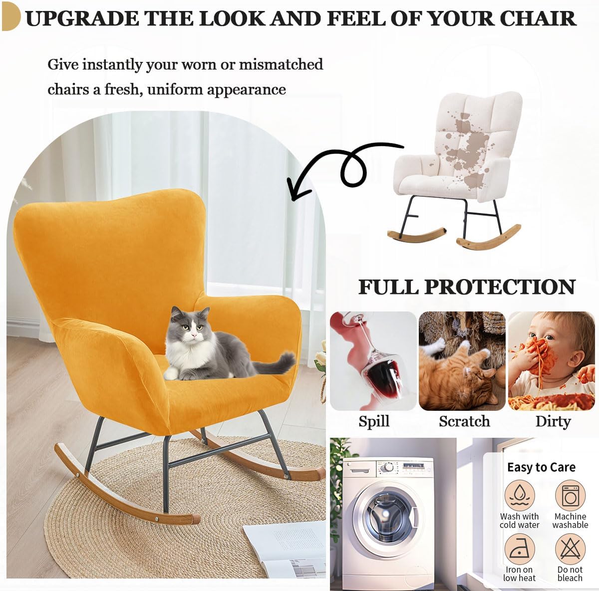 Levoberg Nursery Rocking Chair Cover Velvet Rocker Glider Chairs Cover Slipcovers Stretch Rocking Accent Chair Cover Recliner Armchair Slipcover for Nursery Living Room Bedroom Office Camel