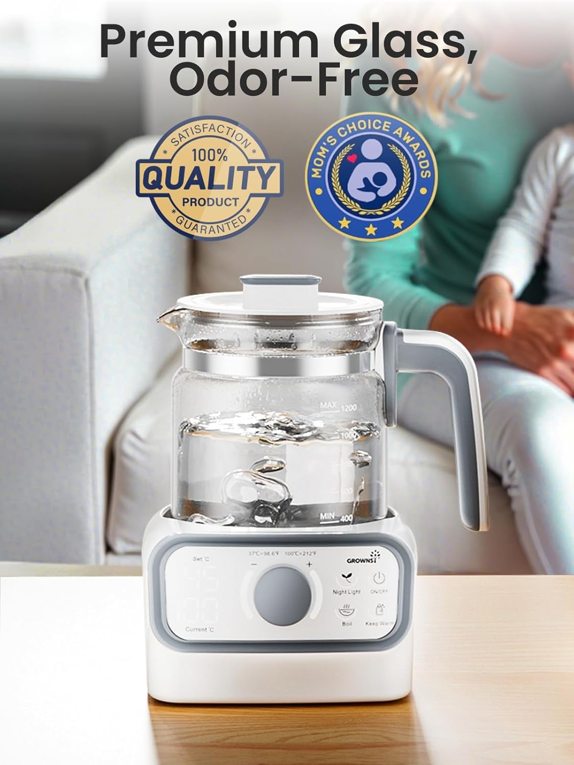 GROWNSY Baby Instant Warmer, Glass Water Boiler with Accurate Temperature Control for Formula, Coffee and Tea, 1.2 Liter Electric Kettle with LCD Display and Timer