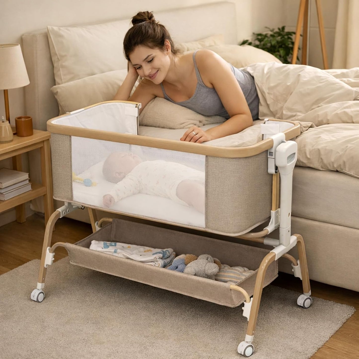 Rocking Baby Bassinet Bedside Sleeper, Detachable Portable Bassinet & Adjustable Crib with 8 Heights, Breathable Mesh, Storage Basket & Mobile Toy for Newborns to Toddlers(Oatmeal)