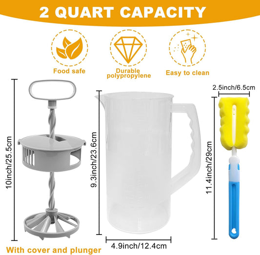 1 Pack Mixing Pitcher for Drink, 2 Quart/ 64oz Plastic Water Pitcher with Lid and Clean Sponge Brush, Angled Plastic Blades and Adjustable Mixer Plunger for Juice, Milk, Beverage Container