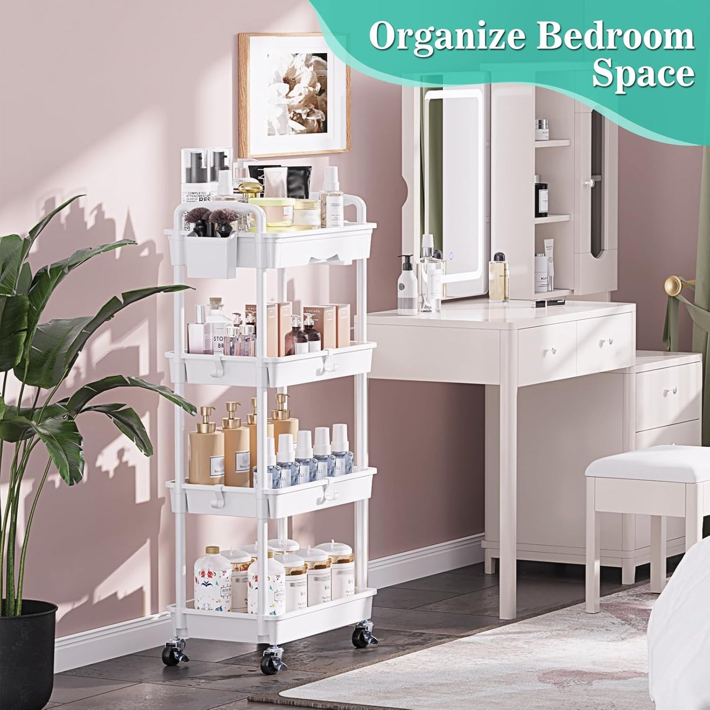 SUNALLY 3 Tier Rolling Cart with Drawer, Bathroom Storage Organizer with 2 Lockable Wheels, Multifunctional Rolling Storage Cart for Bathroom, Kitchen, Office, Craft, Makeup, Baby Essentials, White