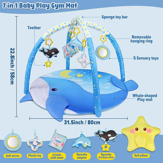 Dr.Rapeti 31x31inch Baby Play Mat, Activity Baby Play Gym with Arch, Playmats & Floor Gyms, Detachable Mirror and Squeaky Soft Set, Thick Non-Toxic Playmats