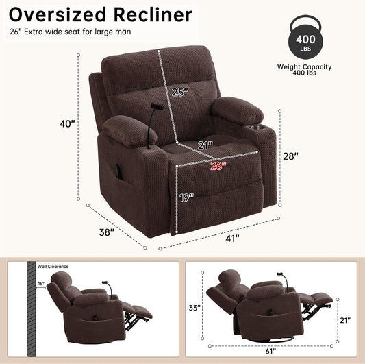 Dual Motor Power Swivel Rocker Recliner with Adjustable Headrest for Adults,Power Glider Rocking Recliner with Massage & Heat,Oversized Glider Recliner Nursery Chair with USB &Type-C Ports,Grey
