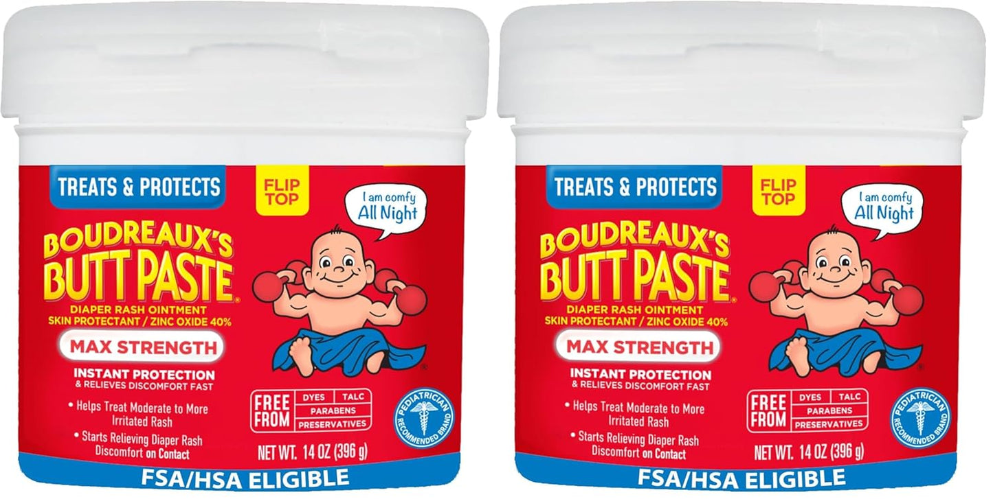 Boudreaux’s Butt Paste Max Strength Diaper Rash Cream for Baby, Ointment With Zinc Oxide, 14 oz Flip-Top Jar