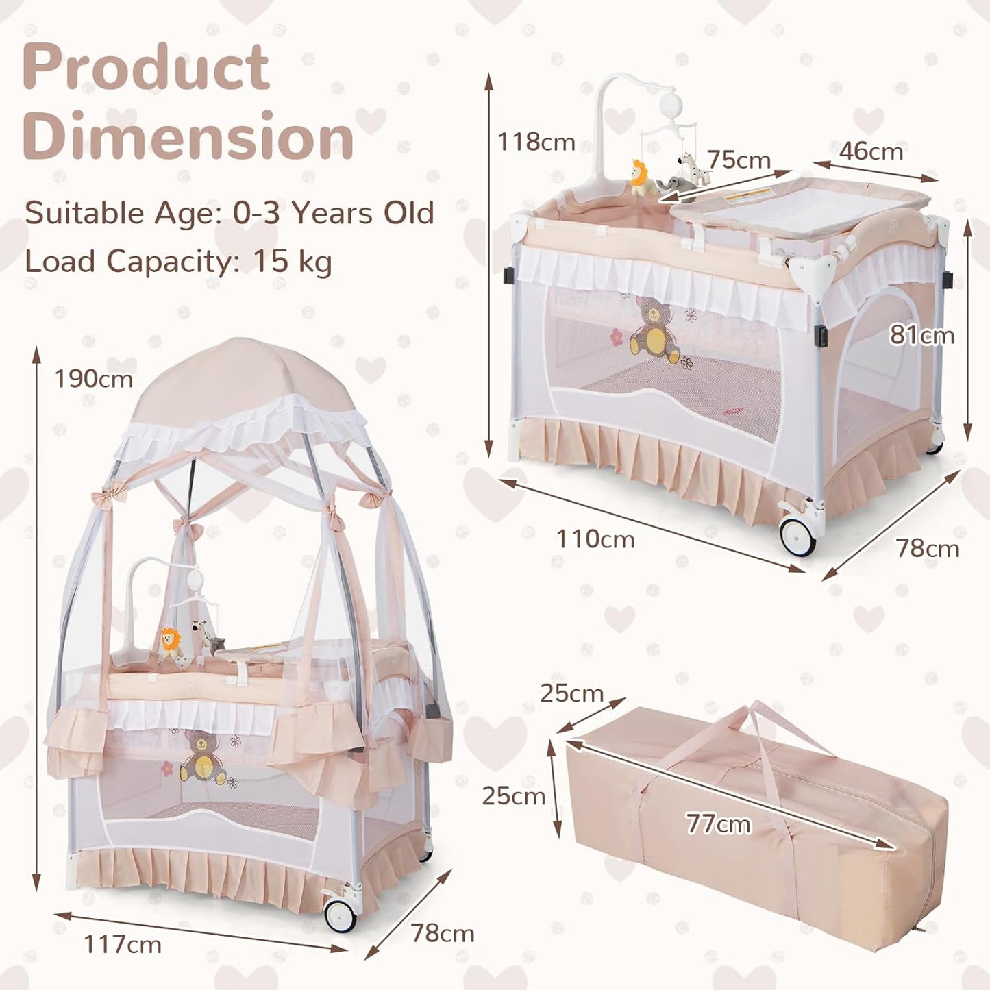 HONEY JOY 4-in-1 Pack and Play with Canopy, Portable Baby Playard w/Changing Table and Infant Bassinet, Cute Toys & Music, Foldable Bassinet for Newborn and Toddler (Hot Pink)