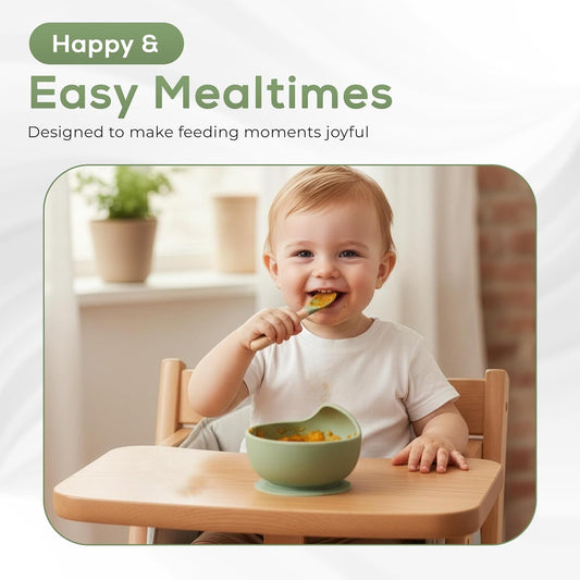 NurtureNest Silicone Toddler Feeding Set – Suction Plate & Bowl, Toddler Spoon & Fork, BPA-Free, Dishwasher Safe, Microwave Safe, Sage Green