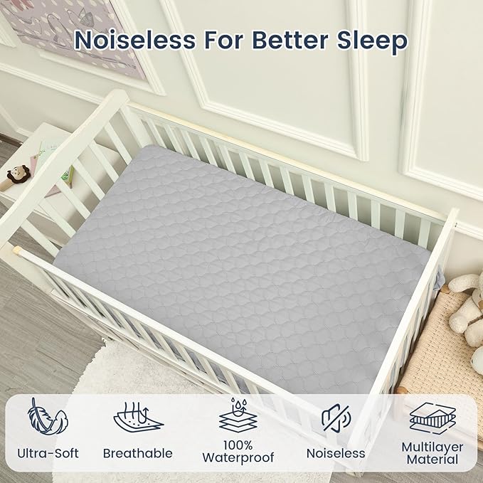 david's kids 2 Pack 52''x28'' Waterproof Crib Mattress Protector Pad Cover Stretch up to 8", Fitted Standard Crib and Toddler Mattresses, Ultra Soft and Breathable for Boys Girls, Grey & Navy Blue