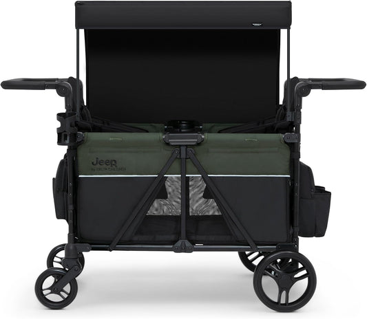 Jeep Aries Stroller Wagon by Delta Children Premium Wagon for 2 Kids with Convertible Seats, Adjustable Push/Pull Handles, Removable Canopy & Flat Fold - Greenguard Gold Certified, Black/Green