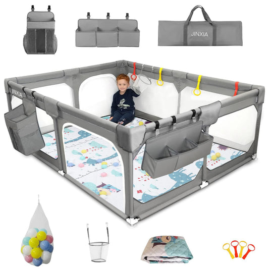 Baby Playpen with Mat 75"*59", Extra Large Playpen for Babies and Toddlers with Storage Bag, BPA-Free, Non-Toxic, Safe No Gaps Playards for Babies, Sturdy Safety Play Yard for Indoor Outdoor Fun, Grey