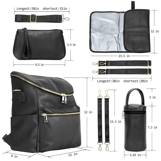 Minsong Diaper Bag Backpack,Fashion Leather Mommy Backpacks,Travel Toddler Baby Diaper Bags with in Bag Organizer and Changing Pad (Black)