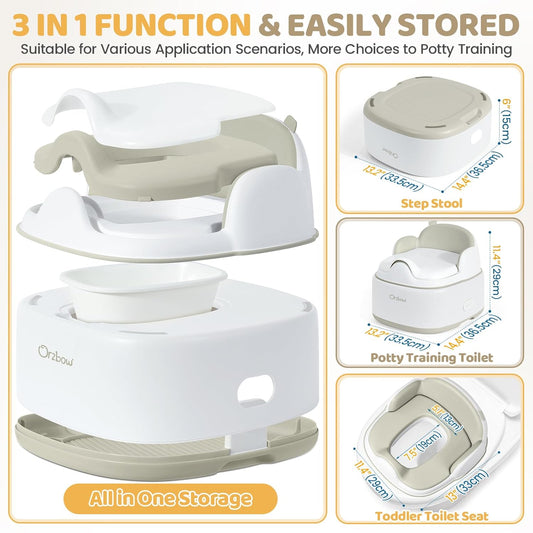 Orzbow 3-in-1 Toddler Potty Training Toilet | Baby Potty Chair, Toilet Topper Training Seat and Step Stool for Boys and Girls, Easy-to-Clean with Splash Guard and Lid, Grey