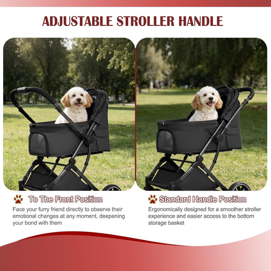 Small Dog Stroller, Pet Stroller for Small Dogs up to 55lbs- Fold All in One Without Detaching Carrier, Cat Stroller with Reversible Handle,Cup Holder (Khaki)