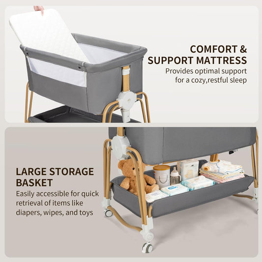 suihuooo 4-in-1 Baby Bassinet, Portable Bassinet Bedside Sleeper with Wheels and Storage Basket, 7 Height Adjustable Breathable Mesh Rocking Bassinet with Mosquito Net for Newborn-White