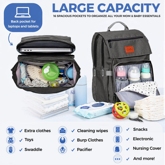 PILLANI Baby Diaper Bag Backpack - Large Waterproof Travel Diaper Bag for Boys & Girls, 16 Organizer Pockets with Changing Pad, Insulated Bottle Pockets & Stroller Straps, Baby Shower Gifts, Dinosaur