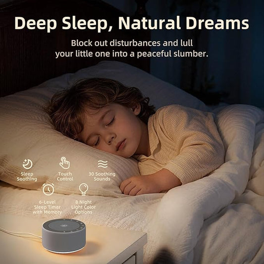 Kipcush White Noise Machine with Night Light – Nursery Sound Machine with Soft Non-Glare Lamp, 30 Soothing Sounds, 8 Color Lights, Up to 8-Hour Timer for Baby & Adults