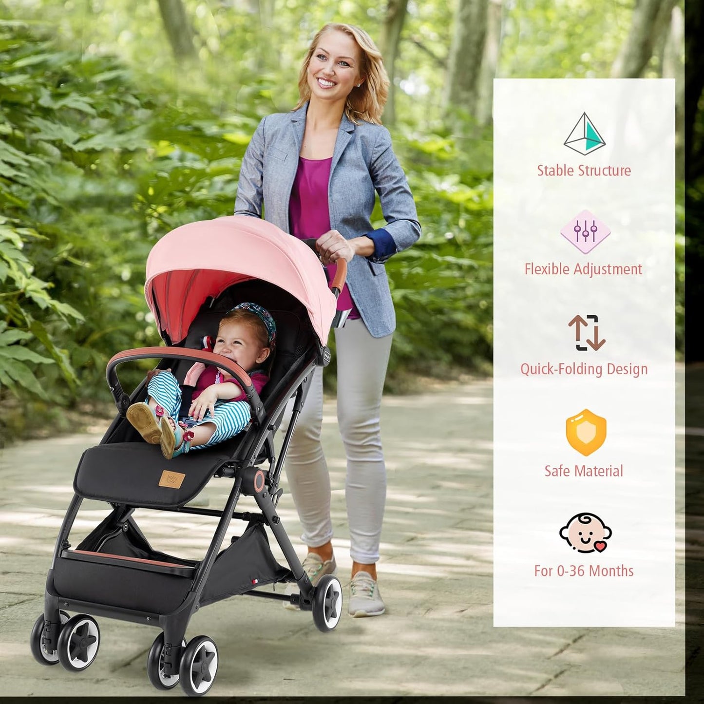 BABY JOY Lightweight Baby Stroller, Compact Toddler Travel Stroller for Airplane, Infant Stroller w/ 5-Point Harness, Adjustable Backrest/Footrest/Canopy, Storage Basket, Easy One-Hand Fold, Beige