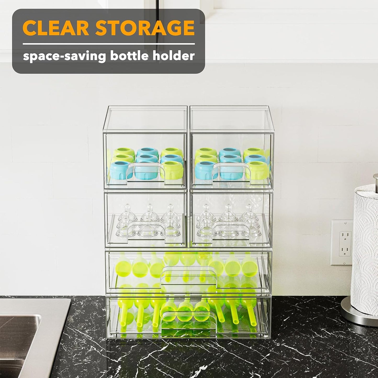 SpaceAid Bottle Storage Organizer Baby - Acrylic Bottles Station Organizer Container, Stackable Clear Drawers for Countertop, Vanity, Bathroom, Cabinet, Pantry Organization, 5 Pack, 2S2M1L, 15.4" H