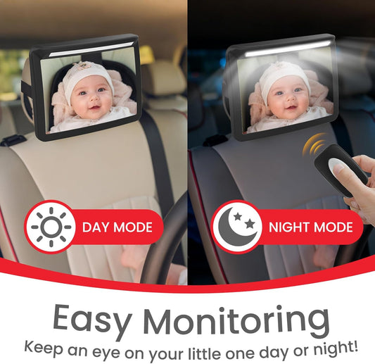 Baby Car Mirror with Light & Remote Control - Night Vision Rear Facing Car Seat Mirror, Clear Vision, 360° Rotation Rear Facing Car Seat Mirror, Shock and Shatter Resistant