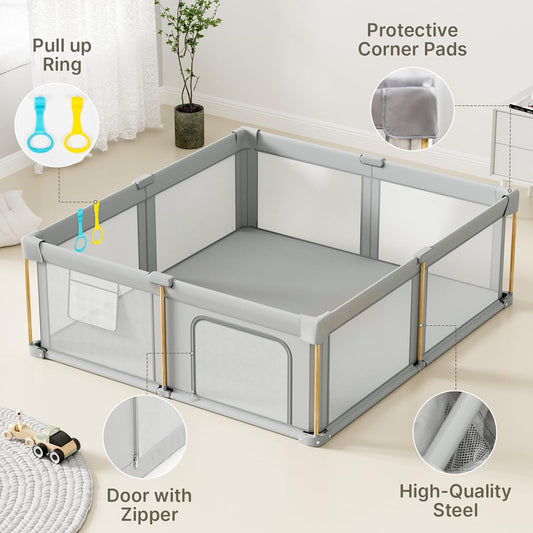 Foldable Baby Playpen with Mat, 71x59 Foldable Play Pen for Babies and Toddlers, Baby Playpen with Portable Design, Collapsible Play Yard for Fence Indoor and Outdoor