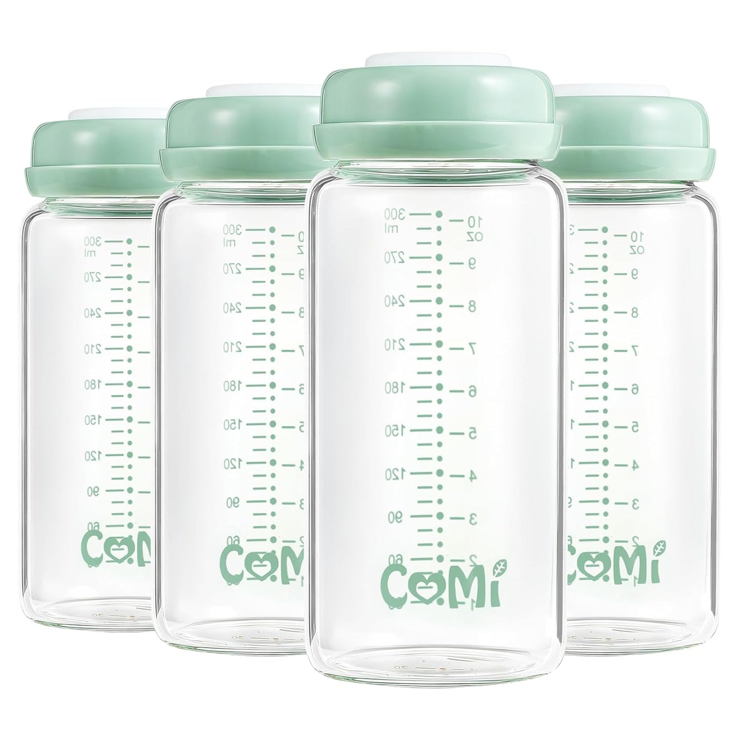 COMI Wide Neck Glass Breastmilk Collection n Storage Bottle, 4 Packs,10oz with Screw Ring Sealing Disk,Re-markable Sealing Disc,BPA Free,Fits Breast Pumps&Nipples(4 Green Lids)
