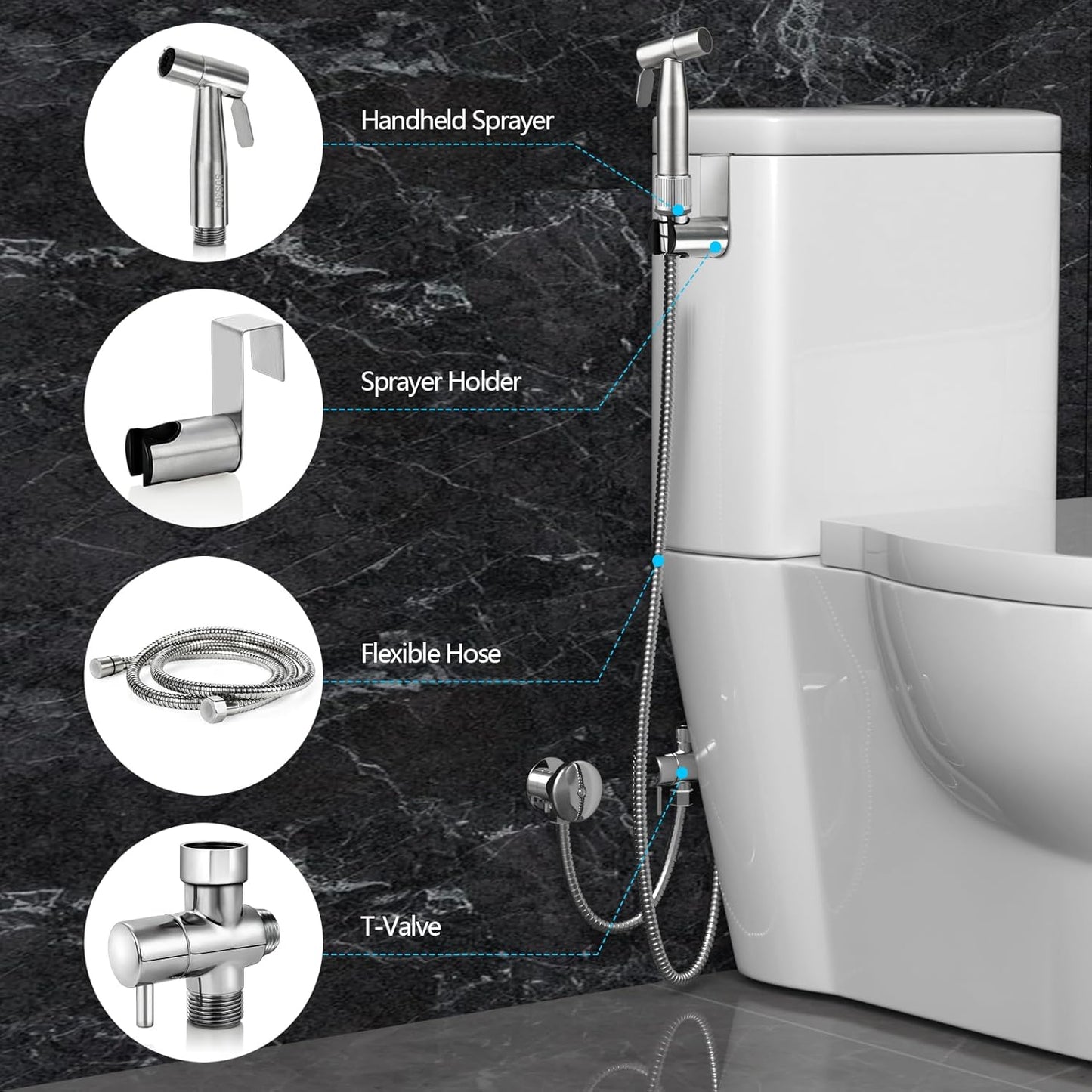 Blissland Bidet Sprayer for Toilet with Adjustable Water Pressure, Handheld Bidet Sprayer Kit- Stainless Steel(Don't Use Teflon Tape for Installation)