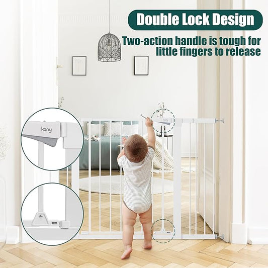 keny 29.7"-46" Baby Gate for Stairs, Auto Close Dog Gates for Doorways, Pressured Mounted No Drilling Pet Gate Extra Wide, Easy Walk Thru Stair Gate, 30" Tall, White
