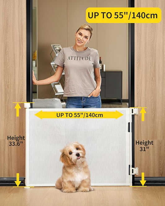 Retractable Baby Gate for Stairs – 33” Height, Expands up to 55” Width – Safety Gate for Infants, Toddlers, Dogs & Pets – Easy Install, Secure Closure, White Mesh Design for Indoor & Outdoor Use