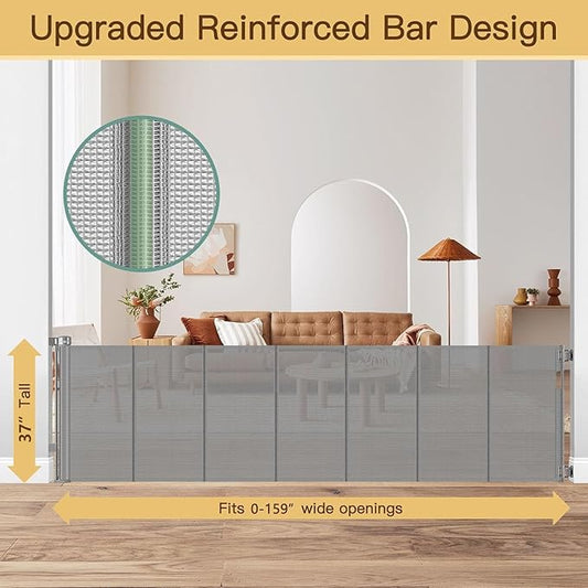 Reinforced 159 Inch Extra Wide Retractable Dog Gate with Support Rods, Indoor/Outdoor Retractable Gate, Prevent Babies and Dogs from Crawling Through Mesh Baby Gates for Doorways Extra Wide, Gray